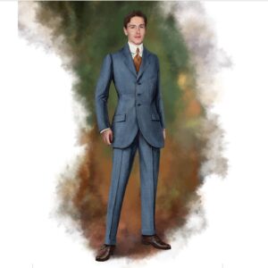 Michele Clapton Instagram - Conrad suits.  Ok you might be bored of me showing these costumes by now.. but if you are then look away! I just love to go back and remember/enjoy our work, as it’s sometimes so hard to do so in the thick of filming. These are fitting photos so the costumes are unfinished.
We loved our fittings with Harris Dickinson who played Conrad. It’s often difficult for younger actors used to wearing sports wear to feel comfortable in period cut clothes, especially the stiff high collars, so we spend time in fittings with the choreography of a costume, how it makes you walk and stand.. it’s a real aid. Harris bought so much to this role and ended up loving this style…he really made the costumes his own and we loved that his body shape was so good for the period cut.. the modern muscular shoulders and arms are more difficult to accommodate in these narrow suits.. Matthew Vaughn the director is obsessed by the cut and fall of mens suits so he really kept us on our toes. We made some suits in our work room cut by the wonderful Tim Perkins and others were made by the incredible Campbell and his team at Huntsman. The final suit here was one of my favourites and much lighter weight, it was the most unusual, quite American in cut, I liked it for the scene in Sarajevo. It was really difficult fabric to work with and we had to make multiples for the stunt scene.. Campbell was not impressed! But it turned out great! Shoes by George Cleverley complete the looks and glasses made to our design by Cuttler and Gross. Klaire Jamin on buying duty again killed it..along with assistant designers Alex Fordham,
Sophie O’Neill, Emma O’Loughlin, illustrator Simon Thorpe 
@huntsmansavilerow @timjohnperkins @sim0ndo @cutlerandgross @georgecleverley