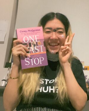 Michelle Grondine Instagram - “history, huh? i think we can ✨make some✨” // photo dump of things that brought me the most joy this past weekend // (1) wore my good luck charm, took a nap, woke up to the good news, and HAD A SURPRISE PACKAGE FROM @macmillanusa containing an ARC for ONE LAST STOP by @casey.mcquiston ≪out 06•01•2021≫ and i legit cried {there is video evidence of this oop} (2) a proper pose—how pretty is she? (3) look how pretty with my bookshelves ♡´･ᴗ･`♡, (4) also got these adorable little @genuinefred sprout bookmarks after seeing a tiktok about them, (5-6) 🌱sprout bookmark🌱 in action, (7) i found out i had actually won the arc for one last stop through a @goodreads giveaway (i know! i was so shocked!), (8) the goodreads description for one last stop, (9) me—celebrating biden crossing the 270  in my HISTORY, HUH? shirt channeling ACD, (10) bringing me 💫the most💫 ~serotonin~ rn 🥺🥺🥺🥺🥺🥺🥺🥺🥺🥺🥺🥺🥺🥺🥺🥺🥺🥺🥺🥺🥺🥺🥺🥺 // {the end}.