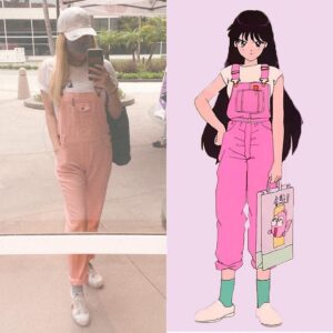 Michelle Grondine Instagram - sailor mars energy strong 💪🏼⛩📿 @annakaciclothing overalls tip via @marycake, ‘there’s not going to be a summer 2020’ illustrated tee by @markglasgowillustration ✍🏼
———
q: which sailor scout’s off-duty fashion looks are your fav?
———
for me it’s sailor mars, plus a mix of sailor venus   sailor moon 🌝
[sailor moon screen caps via google image search]