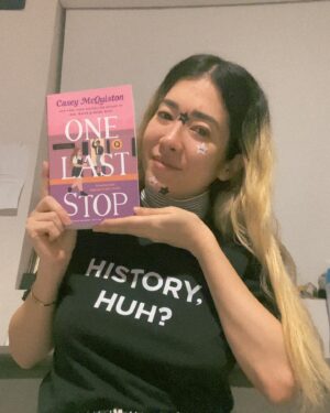 Michelle Grondine Instagram - “history, huh? i think we can ✨make some✨” // photo dump of things that brought me the most joy this past weekend // (1) wore my good luck charm, took a nap, woke up to the good news, and HAD A SURPRISE PACKAGE FROM @macmillanusa containing an ARC for ONE LAST STOP by @casey.mcquiston ≪out 06•01•2021≫ and i legit cried {there is video evidence of this oop} (2) a proper pose—how pretty is she? (3) look how pretty with my bookshelves ♡´･ᴗ･`♡, (4) also got these adorable little @genuinefred sprout bookmarks after seeing a tiktok about them, (5-6) 🌱sprout bookmark🌱 in action, (7) i found out i had actually won the arc for one last stop through a @goodreads giveaway (i know! i was so shocked!), (8) the goodreads description for one last stop, (9) me—celebrating biden crossing the 270  in my HISTORY, HUH? shirt channeling ACD, (10) bringing me 💫the most💫 ~serotonin~ rn 🥺🥺🥺🥺🥺🥺🥺🥺🥺🥺🥺🥺🥺🥺🥺🥺🥺🥺🥺🥺🥺🥺🥺🥺 // {the end}.
