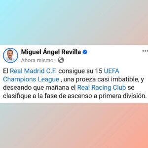 Miguel Ángel Revilla Instagram - El @realmadrid  consigue su 15 Champions League , una proeza casi imbatible, y deseando que mañana el @realracingclub se clasifique a la fase de ascenso a primera división.
