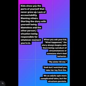 Mike Cernovich Instagram - Kids show you the parts of yourself that never grew up. Lack of accountability. Blaming others. Starting the story with yourself being blameless and the other person / situation being responsible for whatever moment you’re in.

When you ask your kid, “What happened,” the story always begins with them being a product of circumstances or someone else’s bad behavior.

“My sister hit me.” 

Yeah but I watched you take her toy first tho.

We as adults spin more complicated tales, but the structure persists.