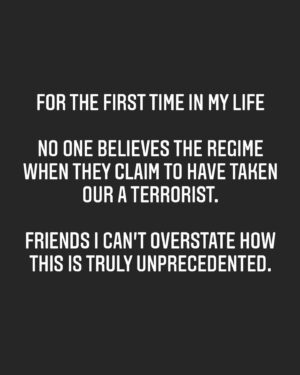 Mike Cernovich Instagram - For the first time in my life 

NO ONE believes the regime when they claim to have taken our a terrorist.

Friends I can’t overstate how this is truly unprecedented.