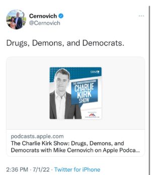 Mike Cernovich Instagram - I don’t do much podcasting myself lately, and rarely do outside shows. More or less feel like “I’ve said what I have to say.” And don’t really want to do reactions to stuff as so many others do that better than me. HOWEVER… this is an important exception. Drugs, demons, and Democrats. Link is in story.