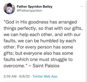 Mike Cernovich Instagram - "God in His goodness has arranged things perfectly, so that with our gifts, we can help each other, and with our faults, we can be humbled by each other. For every person has some gifts; but everyone also has some faults which one must struggle to overcome." ~ Saint Paisios