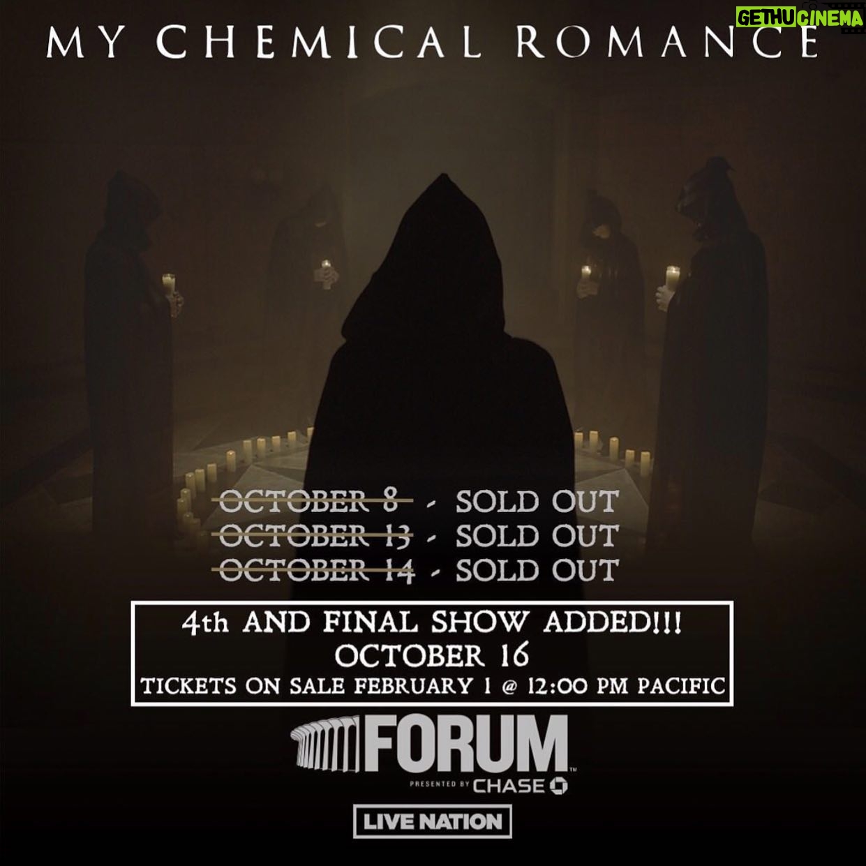 Mikey Way - 44.3K Likes - Never thought I’d be saying...Round 4 at The Forum - on sale at 12pm Pacific time. Feels very surreal. You all rock!