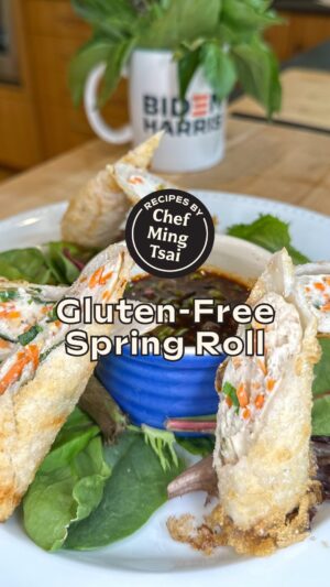Ming Tsai Instagram - It’s AAPI Heritage Month AND Celiac Awareness Month and we’re celebrating with Chef @Mingtsai’s Gluten-Free Spring Roll recipe! 😋

Ingredient List
1 package Square Bhan Tran Rice Paper
1 pound ground chicken 
1 cup shredded carrots
2 tbsp ginger, minced
4 scallions, greens and whites sliced
1 tbsp garlic, minced 
3 tbsp fish sauce, (we used Three Crab Fish Sauce) 
¼ cup thai basil, hand ripped 
Freshly cracked pepper, to taste 

Filling Instructions
1) In a large bowl add raw chicken, carrots, ginger, scallions, garlic, fish sauce and thai basil. Mix together thoroughly. 

Rolling Spring Rolls
1) Fill a large bowl with warm tap water about ⅔ of the way up. Dip wrapper in water and allow to get malleable (about 30 seconds). 
2) Take the wrapper out of the water and lay it on a clean cutting board, so it looks like a diamond (one point of square facing you). Place about ¼ cup of filling along the bottom edge of the wrapper. 
3) Fold the bottom tip over the filling and pull back towards you, making a thin log. Roll it on itself until you reach the center and then fold in the edges. Continue to roll until you reach the other edge. 

Cooking Spring Rolls
1) Line a plate with a few layers of paper towels, set aside near your stove top. 
2) Heat a deep skillet or pot with about 1 ½ - 2 inches of canola oil over medium-high heat for 5 minutes to bring the oil to the temperature. If you are using a thermometer, the oil should register 350 degrees.
3) To test, dip one spring roll into the hot oil. If the oil is hot enough it should bubble immediately around the spring roll. Heat oil a few minutes longer if needed. 
4) Once the oil is to temp, add 3-4 spring rolls to the oil, making sure there is enough room around each roll so they do not stick together. Fry for 3-4 minutes until golden, brown and delicious. 
5) Remove from oil and put on a plate with paper towels to drain. Repeat with the remaining rolls. 
6) Serve over a bed of lettuce with Chili Crisp Lime Dipping Sauce. Enjoy! 

🌟 Remember to SAVE this recipe to make later! 🌟

#glutenfreefood #glutenfreerecipe #aapiheritagemonth