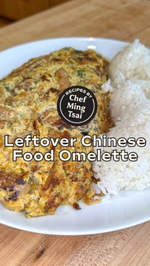 Ming Tsai Instagram - When you don’t have a Breakfast MingsBings but you have Chinese food, you make a leftover Chinese Food Omelette for breakfast! 🍳

INGREDIENTS
6 eggs 
Leftover Chinese food (up to 2 cups)
¼ - ½ cup shredded cheddar cheese
2-3 tbsp neutral oil 
Kosher salt and freshly ground black pepper

INSTRUCTIONS
1) Crack eggs into large bowl, whisk to combine whites and yolks. Season with S&P. 
2) Heat oil in a large, nonstick skillet over medium-high heat. Add leftover Chinese food and heat through. 
3) Next add eggs to the pan. Using a rubber spatula immediately mix the ingredients together. Keep moving the eggs around to get the eggs to incorporate evenly with the stir fry. 
4) Once the eggs start to set, turn down to medium heat and cover with a lid. This will cook the top of the omlet (2 minutes). 
5) Remove the lid and sprinkle cheese evenly over the top, and cover again to melt the cheese (1 minute). 
6) Remove the lid and using your rubber spatula, gently fold the omelet in half, transfer to a plate. 
7) Cut in half and serve with leftover heated up rice. Enjoy! 

🌟 Make sure to save this recipe to make next time you order Chinese takeout! 🌟

#chinesefood #chinesefoods #chinesefoodlover #asianfoods