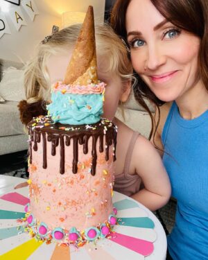 Miranda Frigon Instagram - I just finished her birthday cake!! Gluten free, dairy free and refined sugar free, except for the sprinkles. (Also, she is licking the back of the cake 🙄) Happy happy birthday to my sweet sweet angel. I love you more than you could ever imagine! 💛⭐️🎂