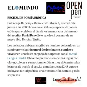 Mirela Payret Instagram - Nosotras solo nos infiltramos los labios con la calentura que nos inflama “lo auténtico”.
💋 Mañana las pu(e)tas de #LenguaBurdel vamos a brindarte la ambrosía… ¿Te dejaremos comer de ella?

Vamos a jugar con nuestras lenguas, un músculo muy útil para expresar amor. En Febrero tiene que ser el órgano más usado.👅

Las diosas… un remolino perfecto de emociones que se te incrustan en alguna parte del cuerpo y ahí se quedan susurrando.🖤

¿Te animas a mirar o prefieres una venda en los ojos mientras sientes? 🌶😈
¿Estás listo para traspasar tus barreras? 
¿O buscas un lugar seguro en tu butaca de siempre?
¿Cambiarías lo tuyo por lo nuestro?🧨

El mayor riesgo? No asumir ningún riesgo…
El amor es siempre algo arriesgado. Una zona vulnerable. Expuesta. En el amor jugamos con desventaja… Sin embargo, la vulnerabilidad es el único camino hacia el otro.

Sin riesgo no hay amor. 
Ahí reside la osadía. 
🏹🫀Yo admiro al valiente, al vulnerable, al flexible que se permite ser atravesado por la flecha genuina y se anima a jugar en este ring, arriba de la tarima.

Me calienta la transparencia🫠, me divierte correr(me) el riesgo. 
¿Y a ti?

Crezco cuando ejercito el coraje..

LA 6° 🔜 ❤ Mi sorpresa de Valentine: “Aparecemos anunciadxs en @elmundo_es tanto en versión papel como en su web. 

https://www.elmundo.es/madrid/2024/02/14/65cbcdcd21efa03f3c8b45ba.html

🎼🎶: @kamikaze_cpv @rderumba_real @kaseo_real