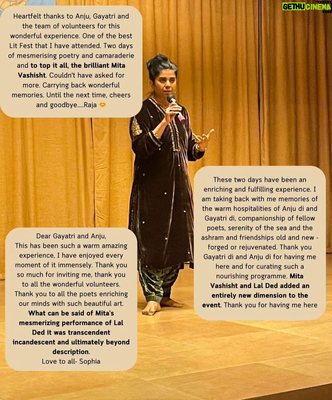 Mita Vashisht - 271 Likes - ....The Poets' Speak....
from differents parts of India expressed how
deeply moved they are by the presentation of Lal Ded excerpts (from the play I do)...
as was I, so moved to be performing to an audience of wonderful published poets...
#pondicherryaurovillepoetryfestival
