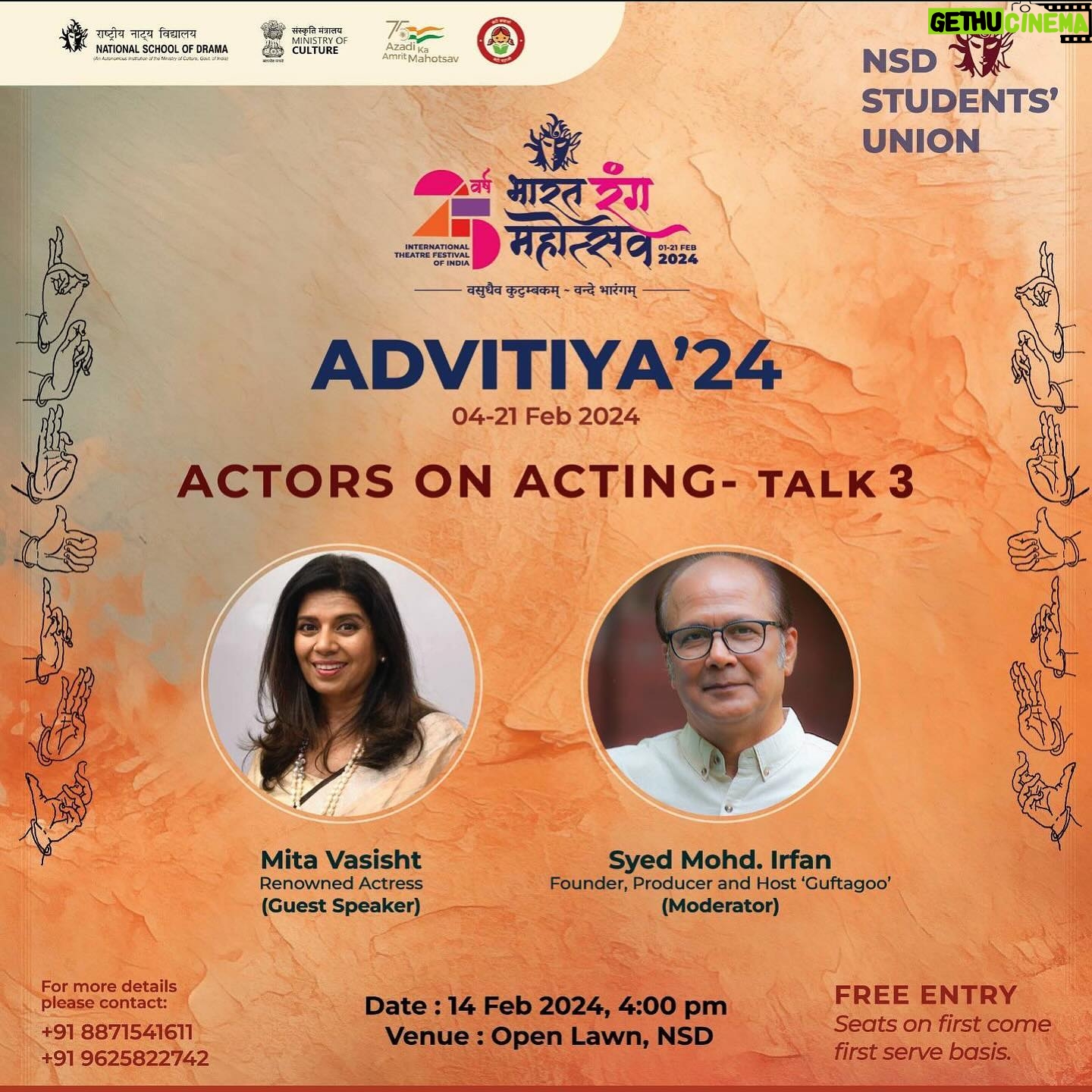 Mita Vashisht - 344 Likes - āAn ode to the craft of acting! š Join us tomorrow, Feb 14, 2024, at 4:00 PM, as Advitiyaā24 presents āActors on Actingā Talk - 3. Immerse yourself in the wisdom of acclaimed theatre actress Mita Vasisht Ji at the Open Lawn, NSD, New Delhi. The charismatic āGuftagooā Syed Irfan ji will guide this insightful session as a moderator and host. Let the spirit of theatre unfold on this Valentineās Day! šā¤ļø #Advitiya24 #ActorsOnActing #Guftagoo #TheatreMagic #BRM #Studentsunion #nsdā
