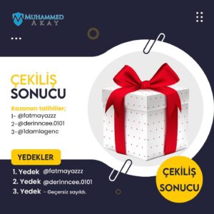 Muhammed Akay Instagram - 6. Büyük Çekilişimiz sonuçlanmıştır.
Kazanan asil ve yedek talihliler şu şekildedir;

1. Ödül Kazananı: fatmaayazz 
Yedek: @aayse_karacan 
2. Ödül Kazananı: @derinncee.0101 
Yedek: @serhatdemircan_coach 
3. Ödül Kazananı: @1damlagenc 
Yedek: Geçersiz sayıldı.

Kazanan arkadaşları tebrik ederim. Gönderiye yorum olarakta kazandığınızı belirten mesaj yazmanız rica olunur. 
Ayrıca bana dm yoluyla adresinizi iletin.

Başka bir çekilişte görüşmek üzere, hoşça kalın.👋🇹🇷👋 #çekiliş #çekilişsonucu #makayweb #tiktok #vine #instagramers