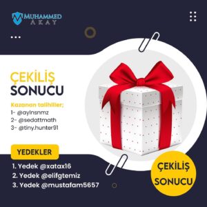 Muhammed Akay Instagram - 5. Büyük Çekilişimiz sonuçlanmıştır.
Kazanan asil ve yedek talihliler şu şekildedir;

1. Ödül Kazananı: @aylnsnmz34 
Yedek: @xatax16 
2. Ödül Kazananı: @sedattmath 
Yedek: @elifgtemiz 
3. Ödül Kazananı: @tiny.hunter91 
Yedek: @mustafam5657 
Kazanan arkadaşları tebrik ederim. Gönderiye yorum olarakta kazandığınızı belirten mesaj yazmanız rica olunur. 
Ayrıca bana dm yoluyla adresinizi iletin.

Başka bir çekilişte görüşmek üzere, hoşça kalın.👋🇹🇷👋 #çekiliş #çekilişsonucu #makayweb #tiktok #vine #instagramers