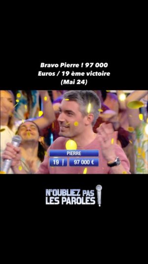 Nagui Instagram - #NOPLP​​​​ Bravo Pierre ! 97 000 Euros / 19 ème victoire. 
Quel joli moment !! 
Et si on se retrouvait demain avec Pierre, @naguiiiiiii et toute la joyeuse bande ?

Rendez-vous 18:40 sur #France2