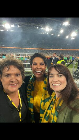 Narelda Jacobs Instagram - Take a bow Lydia Williams @lydsaussie13 

Thank you for a trailblazing 19 years.

@matildas wouldn’t be where they are without you.

Such an honour to witness this farewell game with Aunty Diana and Evonne Goolagong-Cawley. Uncle Ronnie’s spirit is in the booka sent all the way from Noongar Boodja by @lea_taylor_aboriginal_artist