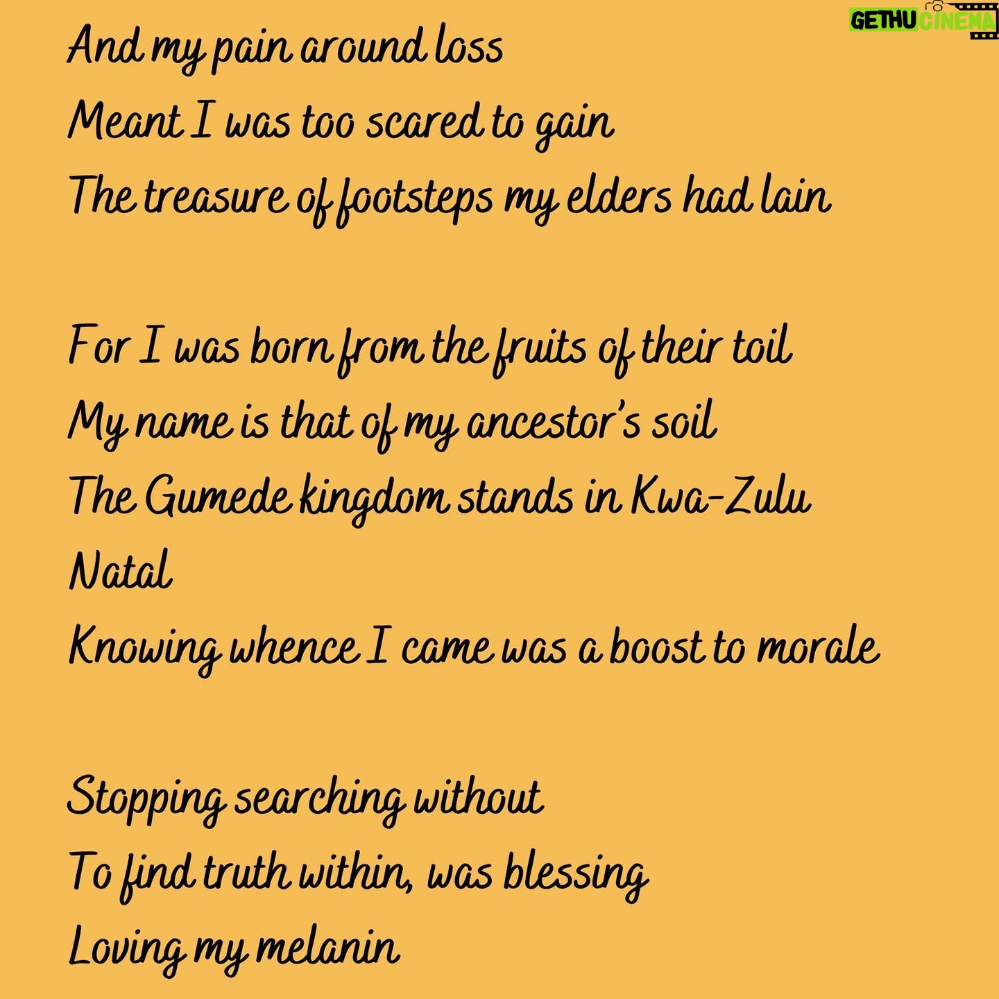 Natalie Gumede - 434 Likes - Qwabe - a Kingdom in the KwaZulu-Natal, South Africa, where the Qwabe/Gumede tribe originated. I named this poem Qwabe as I thought upon where I had come from in order to feel more grounded in myself, and ultimately to know where I want to go and what I want to be a part of.
It was also to tie in with the IG live I did with @poeticunity, honouring their theme of the week; ‘Black and British.’ What started as a poem explaining myself unfolded into some discovery of self. Creativity usually leaves gifts like that ❤️❤️You can check out my conversation with @ragzcv on @poeticunity’s page - I share the poem about 40 minutes in. @poeticunity are doing incredible work supporting young people and bringing mental health issues into the light through the platform of poetry. Everyone who shares their work is welcomed, honoured and supported, and has their voice heard. I can’t think of anything more essential for the soul ❤️❤️#poetry #poems #poemsofinstagram #pubehindthescenes #blackandbritish #qwabe #kwazulunatal #zimbabwe