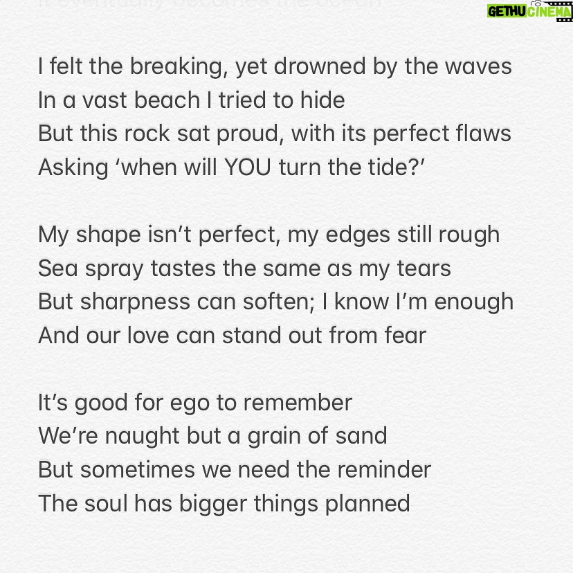 Natalie Gumede - 564 Likes - It caught my eye amongst millions
This stone with a swirl at its heart
Its form of love, with a crashing wave
Mirrors the ways I want life to restart
Perhaps its imprint is from a shell?
Edges surely, smoothed by the sea?
A lesson - as I emerge from a personal hell
Of how we are meant to be
Yielding, morphing, staying strong
Nature won’t assign these emotion
From the years a pebble is broken down
It eventually becomes the ocean
I felt the breaking, yet drowned by the waves
In a vast beach I tried to hide
But this rock sat proud, with its perfect flaws
Asking ‘when will YOU turn the tide?’ My shape isn’t perfect, my edges still rough
Sea spray tastes the same as my tears
But sharpness can soften; I know I’m enough
And our love can stand out from fear
It’s good for ego to remember
We’re naught but a grain of sand
But sometimes we need the reminder
The soul has bigger things planned
Pebble Heart holds the answer
To sensing the storms of the sea
‘When you feel small compared to the ocean
See the ocean is also in me.’ 24/05/20 - Thanks Pebble Heart!
Sometimes I write poems to make sense of how I feel. I rarely share them. And if I do, only with a few people. I saw this pebble today. And I decided to be brave 💙💛💙💛💙💛💙💛💙💛💙💛💙
#poetry #poems #healing #selfhelp #wellness #mentalhealth