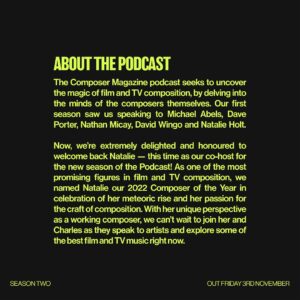 Natalie Holt Instagram - Please welcome @natsholt to the Composer Magazine podcast family!

Together with @chaplin55, our hosts will dive deep into the world of film and TV composition, starting with a very special guest for the second season…

Can you guess who it is?