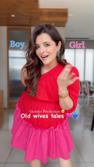 Natasha Luthra Instagram - What’s it going to be ? 🩷💙🤰
Wearing @ashico.in