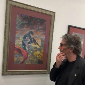 Neil Gaiman Instagram - The Heritage Auction did everything I could have wanted. It made a lot of money and I get to contribute to Good Causes -- to the Author's League Fund and the Hero Initiative, and to the artists themselves. And it made so many people so happy. Pictured, me with a wonderful Michael Zulli drawing, the hurly burly of the Auction itself, and me with Meteorite Man @geoffnotkin who started me off on this journey through his own auctions for good causes.

All the photos by the brilliant @catmihos, without whom the auction wouldn't have happened either.