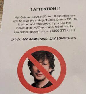 Neil Gaiman Instagram - I was asked to sign something for someone here in Sydney Australia today.  It's definitely creative...

(There are about 20 tickets left at Sydney Opera House for Monday night. There are more tickets for Melbourne's Hamer Hall on Thursday. Do come.)