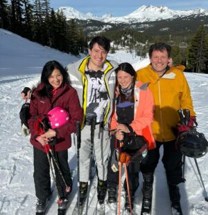 Nicholas Kristof Instagram - The family that skis together stays together. Or gets broken legs together. We’re on Mt Bachelor in Central Oregon. I backpack every summer around Three Sisters (the mountains in the background), so it’s very cool to ski the same area in winter.