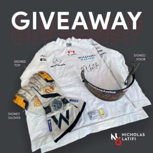 Nicholas Latifi Instagram - Happy New Year everyone! To kick off 2022 I’m giving away a prize bundle made up of a signed race worn visor, top and gloves... the top has been washed 😉 Nominate a friend you’d like to win this prize in the comments section below. 

T&Cs can be found via link in story!