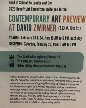 Nick Sandow Instagram - Excited to be participating in the Friends Seminary Contemporary Art Auction , preview at @davidzwirner (533W 19th st.) Preview at Zwirner , February 23&24 reception Saturday Feb 25(11am-1pm)
View and bid @artsy beginning Feb 23
