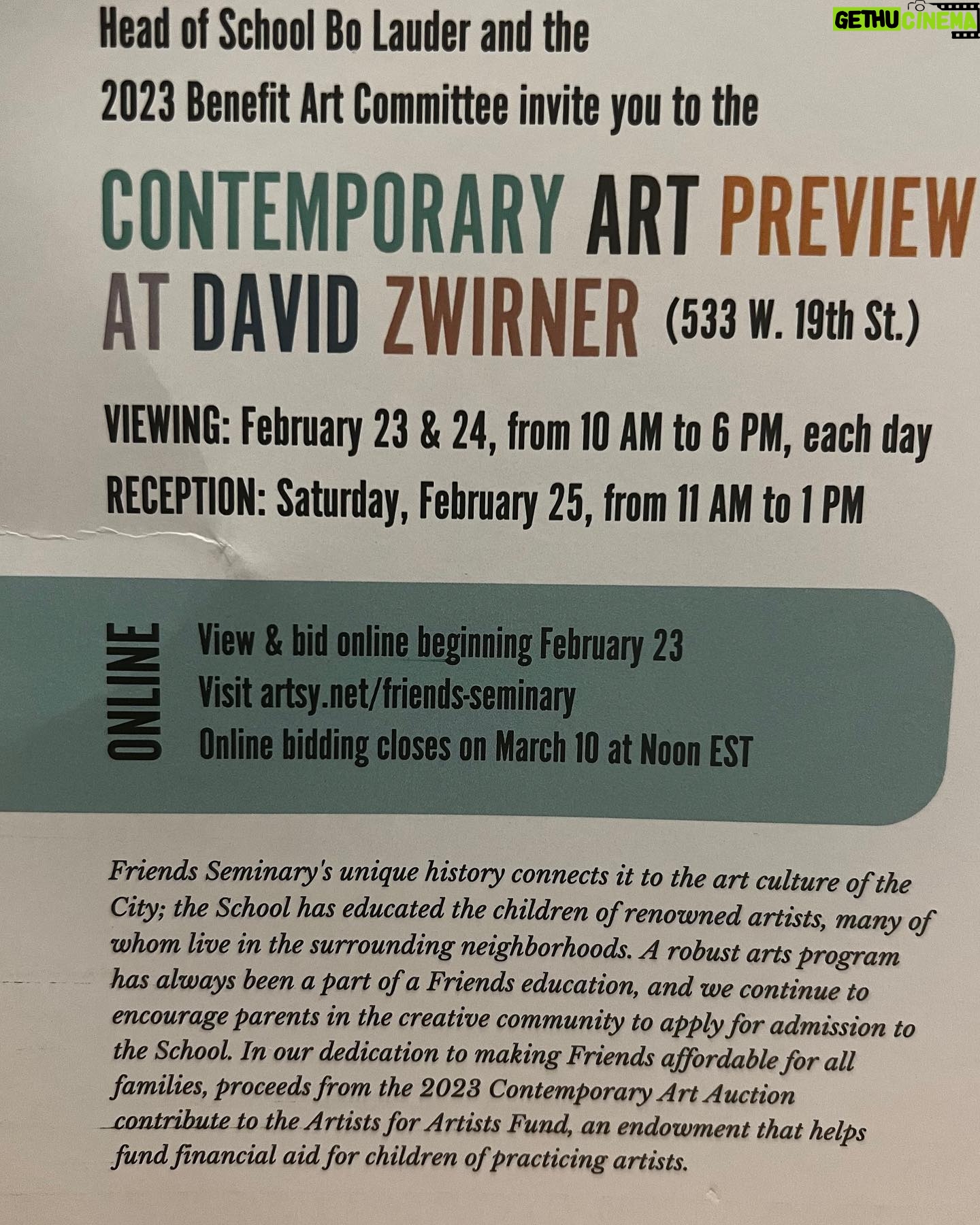 Nick Sandow - 184 Likes - Excited to be participating in the Friends Seminary Contemporary Art Auction , preview at @davidzwirner (533W 19th st.) Preview at Zwirner , February 23&24 reception Saturday Feb 25(11am-1pm)
View and bid @artsy beginning Feb 23