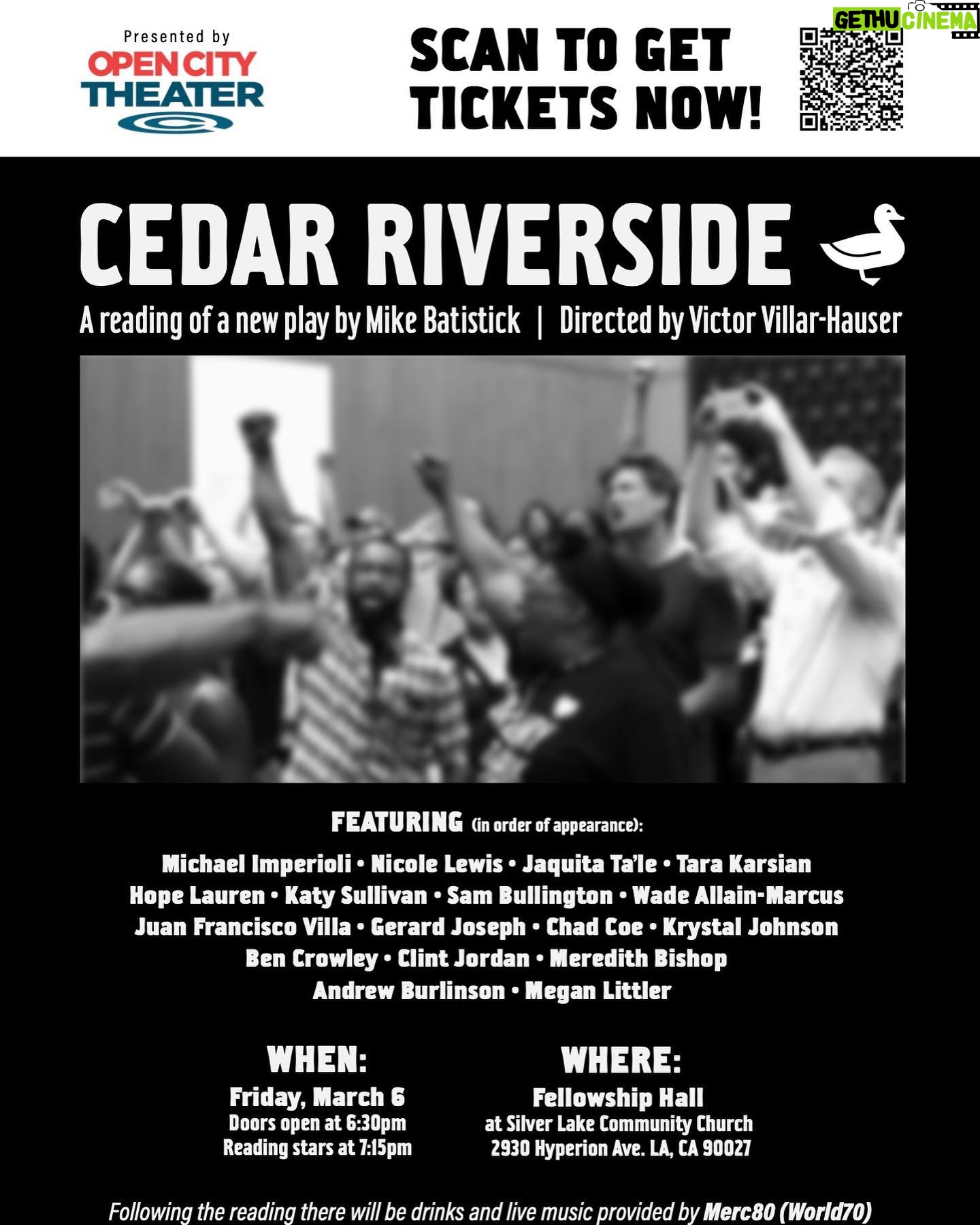Nick Sandow - 214 Likes - Hello. Go check out the reading of a great new play by my buddy Mike Batistick. It’s directed by Victor Villa-Hauser and stars the incredible Michael Imperioli. I wish I was in LA! Go to Eventbrite.com, and type in CEDAR RIVERSIDE or put your camera up to the barcode. #cedarriverside #opencitytheatre