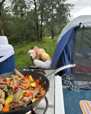 Nick Slater Instagram - On the weekend, we escaped the city to camp in the back paddock of a poultry farm 🐓 

Before we arrived, the owner warned us about the livestock guardian dog. Swipe to meet Riley. She was a big softy, knocked-off early and became our guardian instead.

A short and sweet breath of country air.