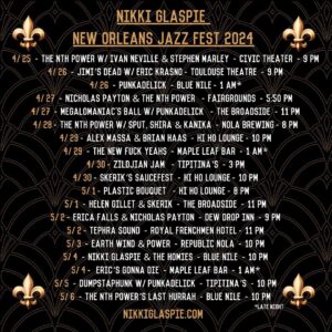 Nikki Glaspie Instagram - Here are 19 opportunities to see me this Jazzfest. I’ll be at all your favorite venues. Shows that I’m really excited about that you can’t miss… all of them. But for real. Come see me with @thenthpower @punkadelick @stephenmarley @tephrasound @erickrasno @jimisdeadofficial @nicholaspayton @ericafalls @skerik @massanotmassa @evbass504 @papamali @helengillet @brianroyhaas and of course @nikki_and_thehomies ! Try and keep up. You can go to my website www.NikkiGlaspie.com for allllllll the tickets. Go. Buy them. I’m doing my best to keep this ancient art form alive. #musicislife #drums #love #jazzfest2024 #tellyourfriends #hardestworkingwoman #imoutchea #nola #neworleans #thenthpowerlovesyou #idotoo