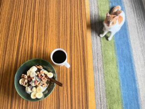 Noriko Iriyama Instagram - 朝ごはんとか夜ごはんとか。

今年入ってからやってなかったんだ！なぜ？と
思いアルバム見返してたのですが、
舞台で丸々2ヶ月自炊してなくて、
お休みいただいては国内あちこち旅したりしてました。
そんなこんなで上半期が終わろうとしています。

わずかですが、家ごはんです。

豪雨やら、酷暑やらで、身体もびっくりしてますね。
しっかり栄養摂って、いい夏を迎えましょうね。

❶大家さんからいただいたきゅうり。マリネして、茗荷と生ハム、白胡麻で。
❷薬味山盛り梅もずくそうめん🎐
❸鯖野菜煮。ツナチェック。
❹タンパク質摂りたいサラダ🐙🫘🥗
❺鯖はなんだっけ…、にんにくで蒸し焼きにしたのかな。キヌアサラダにハマっていた時期。今はごはんに混ぜて炊いています。
❻いつもの朝。ツナチェック。
❼ナポ〜。
❽いえオムライス。
❾お刺身(スーパー)の日はお祭り騒ぎのふたり。
➓一緒に食べます☺️🐿️🐄✨