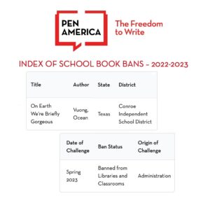 Ocean Vuong Instagram - UPDATE ON TEXAS BOOK BAN:

Thank you so much for the outpouring of love and support after the Conroe ISD book ban last month, a ban that actually began in 2023 (as reported by a nonprofit tracking book bans—slide 2). I have been informed by so many community members fighting this fight (some for years now) on the ground and the situation is even grimmer than I imagined. There are concerted, conservative movements across the country to take over local school boards and control the material folks have access to. It is savvy, well organized, funded, and often using loopholes and euphemisms like “circulation” or “logistical” issues to effectively ban books without repercussions or resistance. But the young people on the ground are paying attention and keeping their communities accountable. 

My incredible publisher @penguinpress has donated copies of my novel to @thewoodlandspride , who will distribute them to anyone in the Conroe area who wants one. Copies will also be available at the nearby LGBTQ youth org, There’s A room at Our Table. I hope the donation of these books to Woodlands Pride’s brand new library (which showcases many other banned books) will be seen for what it is: not just an act of corrective survival—but as a celebration of who we are, what we stand for, and how we choose to heal and hold one another. 

Special thanks to @cameronjsamuels and @studentsengagedtx for leading this fight long before my book was banned. Ever grateful for your courage. 🌱✨