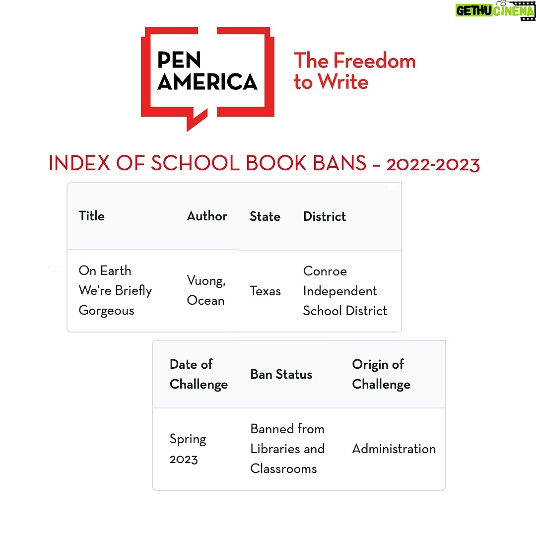 Ocean Vuong - 24.4K Likes - UPDATE ON TEXAS BOOK BAN:
Thank you so much for the outpouring of love and support after the Conroe ISD book ban last month, a ban that actually began in 2023 (as reported by a nonprofit tracking book bans—slide 2). I have been informed by so many community members fighting this fight (some for years now) on the ground and the situation is even grimmer than I imagined. There are concerted, conservative movements across the country to take over local school boards and control the material folks have access to. It is savvy, well organized, funded, and often using loopholes and euphemisms like “circulation” or “logistical” issues to effectively ban books without repercussions or resistance. But the young people on the ground are paying attention and keeping their communities accountable.
My incredible publisher @penguinpress has donated copies of my novel to @thewoodlandspride , who will distribute them to anyone in the Conroe area who wants one. Copies will also be available at the nearby LGBTQ youth org, There’s A room at Our Table. I hope the donation of these books to Woodlands Pride’s brand new library (which showcases many other banned books) will be seen for what it is: not just an act of corrective survival—but as a celebration of who we are, what we stand for, and how we choose to heal and hold one another.
Special thanks to @cameronjsamuels and @studentsengagedtx for leading this fight long before my book was banned. Ever grateful for your courage. 🌱✨