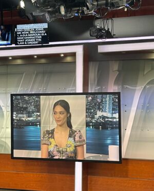 Odelya Halevi Instagram - @nbclawandorder talk this morning on @newyorklivetv with the gorgeous @sara_gore . Glam by @meredithbaraf . Hair by @dinadipietro . Dress by @inearnestofficial