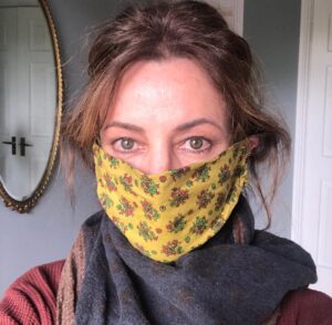 Orla Brady Instagram - Off to the shops in my first attempt at mask making. Two ponytail bands and leftover fabric I robbed from #IntoTheBadlands costume dept when @giovanni_lipari_design was out of the room. #lockdownlooks