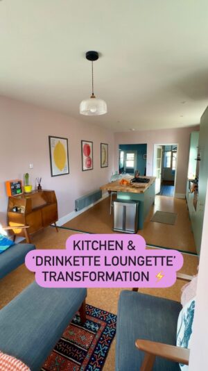 Owain Wyn Evans Instagram - Here’s how we transformed the old dining room and kitchen into two new spaces. We really wanted a seating area in the new kitchen, and we really don’t regret it! Join us in the kitchen / ‘drinkette loungette!’ 🍸 🪩.
.
.
.
#ukhomereno #homerenovation #houserenovation #diyinterior #homereno #homedecor #renovationproject