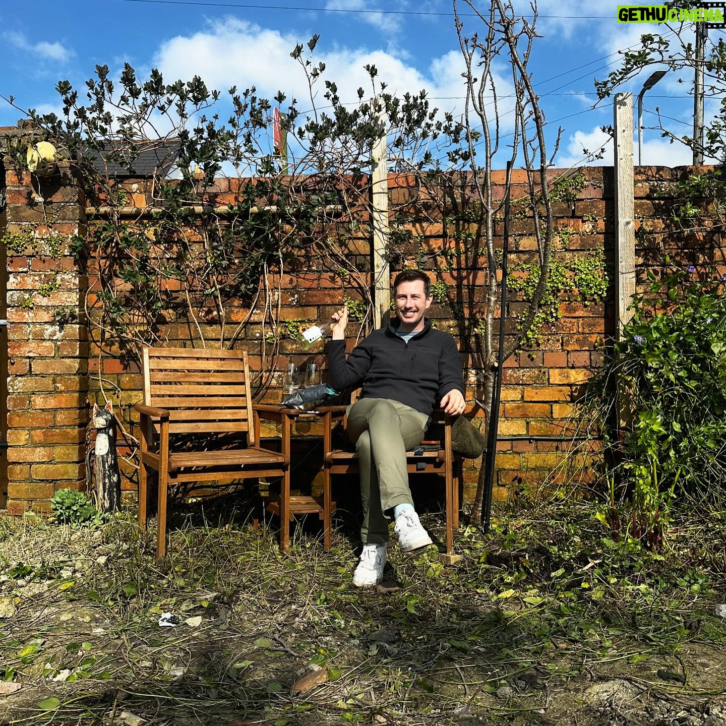 Owain Wyn Evans - 3.8K Likes - When your garden is an absolute tip but you prioritise clearing the sunny spot 😊 ☀️ Happy Sunday honeys. Latest from here: Out of wine but feeling fine, having a lovely time 😎 xx