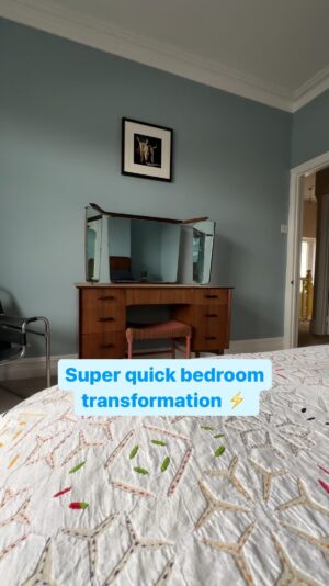 Owain Wyn Evans Instagram - Super quick bedroom transformation! ⚡️ We’ve always been a fan of blue walls in a bedroom, what do you think? As always, we’ve got some vintage furniture in this room and on the bed, we have a Sleepeezee Immerse Plus mattress which is super comfy! This year, Sleepeezee celebrate their 100th birthday. Happy Birthday dahlings! 🛏️ #Gifted #homedecor #interiordesign #bedroomdesign #homeinspo @sleepeezee