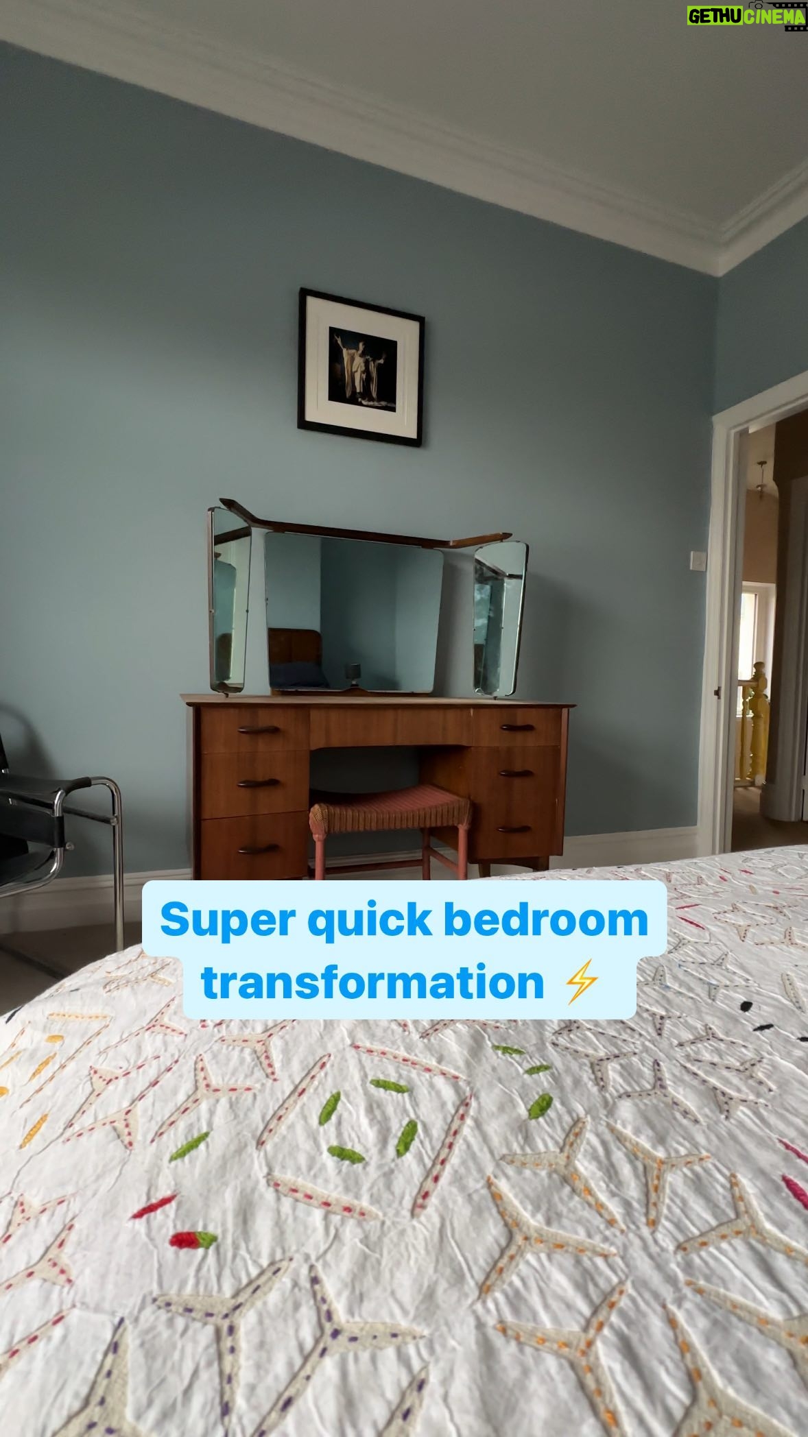 Owain Wyn Evans - 3.1K Likes - Super quick bedroom transformation! ā”ļø Weāve always been a fan of blue walls in a bedroom, what do you think? As always, weāve got some vintage furniture in this room and on the bed, we have a Sleepeezee Immerse Plus mattress which is super comfy! This year, Sleepeezee celebrate their 100th birthday. Happy Birthday dahlings! šļø #Gifted #homedecor #interiordesign #bedroomdesign #homeinspo @sleepeezee