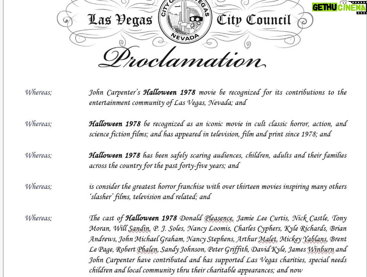 P.J. Soles - 1.7K Likes - What a great time @frightmareinthefalls! Thank you to everyone especially @malfuncsean & @robertbeastbest ❤️🎃👻! Thank you to the city of Las Vegas & @paulcaseyentertainment for this Proclamation declaring that Oct. 31 will now be known as “HALLOWEEN 1978 DAY”! “TOTALLY” awesome. 🎃🎬🧡
