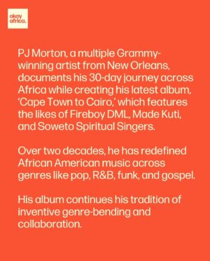 PJ Morton Instagram - @pjmorton documents his 30-day journey across Africa while creating ‘Cape Town to Cairo,’ which features singers like @fireboydml, @madekuti, and @sowetospiritualsingers 🇿🇦🇳🇬🇪🇬🇬🇭

Read the full story in our bio and follow our WhatsApp channel for more on music from the continent. 

Written by: @e.esomnofu 

#pjmorton #neworleans #cairotocapetown #africanmusic