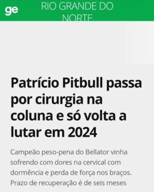 Patricio Freire Instagram - Honrado em ser o Cirurgião desse que é o maior lutadores de MMA - @bellatormma do Mundo. 
Informando a todos que nos perguntam sobre o caso de @patriciopitbull, o Campeão sofria de fortes dores na cervical o qual tratamos por 1 ano sem melhoras, o qual evoluiu com  dormência no Braço esquerdo e perda de força após 2 lutas consecutivas.

Procedimento escolhido foi a Cirurgia Endoscópica da Coluna onde através de um acesso minimamente invasivo de 7mm, acessamos a coluna do nosso Campeão com um Endoscópio @riwospine para podermos retirar o fragmento discal do nível C6-7 esquerdo.

Cirurgia durou aproximadamente 1h com alta após 4hs do procedimento  sem a necessidade de fixação ( artrodese ).

Patricio se recupera muito bem, sangue de guerreiro e queixo de ferro como ele mesmo diz.

Esperamos uma recuperação rápida para retorno precoce ao que mais ele gosta de fazer... 

#cirurgiaendoscopicadacoluna 
#endoscopicspinesurgery 
#riwospine 
#neurolifenatal 
#neurocirurgiãodecoluna 
#herniadediscocervical
#qualidadevida
#Campeão 
#patriciopitbull
#pitbullbrothers
#marcomoscatelli