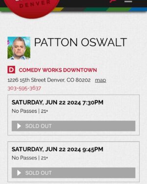 Patton Oswalt Instagram - Oh hell yes. Thank you Denver. Thank you @comedyworksdenver. See you tonight!