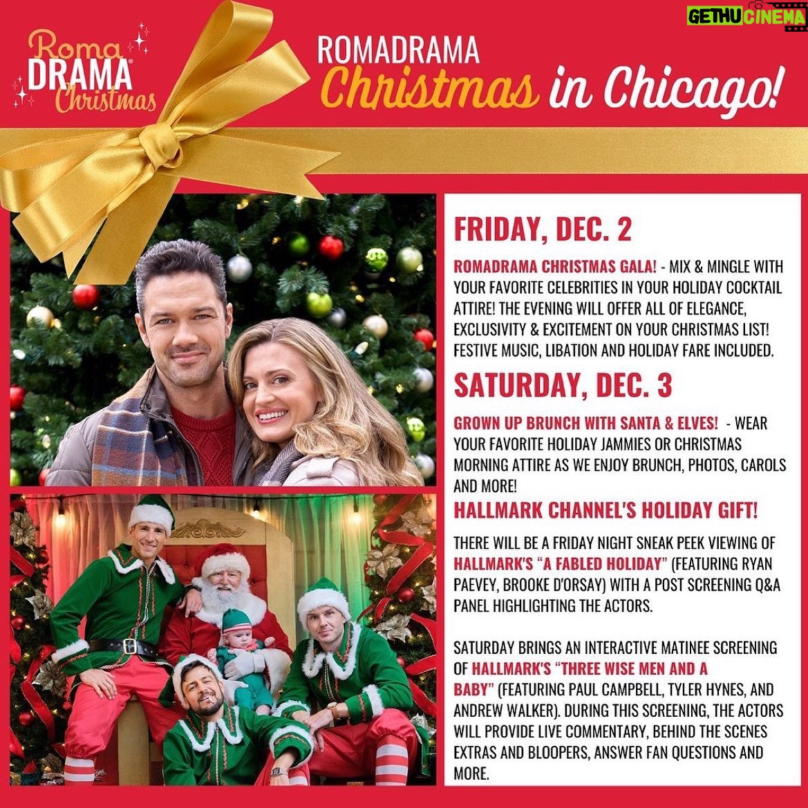Paul Campbell - 2.4K Likes - Hey! What’s everyone doing on Dec 3rd??? We are having a very special RomaDrama Christmas event on December 2-3 at the iconic Drake Hotel in Chicago, IL! It will be a magical holiday weekend mixing and mingling with your favorite rom-com stars! That's not all - as a special gift to you from the Hallmark Channel, there will be TWO sneak peek viewings during the event: Hallmark's “Three Wise Men and a Baby” featuring Paul Campbell, Tyler Hynes, and Andrew Walker, AND Hallmark's “A Fabled Holiday” featuring Ryan Paevey and Brooke D'Orsay ❤️ 💚 Tickets are on sale NOW at romadrama.com ✨
.
@hallmarkchannel @paulcampbellofficial @tyler_hynes @awalkk35 @ryanpaevey @brookedorsay
.
#HallmarkChannel #Hallmark #HallmarkMovies #HallmarkChristmasMovies #CountdowntoChristmas #ChristmasMovies #Christmas #HolidayMovie #HappyHolidays #FanConvention #Convention #Movie #RomanceMovies #Romcoms #Home #Family #MovieNight #Drama #Celebrity #RomaDrama #RomaDramaLive