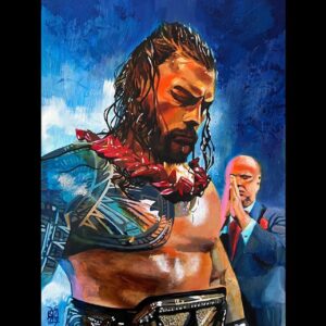 Paul Heyman Instagram - Isn’t this the perfect moment in your lifetime to accept the fact you are truly blessed to be able to ACKNOWLEDGE YOUR TRIBAL CHIEF!

#Repost @robschamberger “Roman Reigns: Head of the Table

Acrylic on illustration board

Officially licensed prints available now!

Back in October, Roman Reigns made a rare live event appearance here in my hometown of Kansas City and it was important to me to memorialize that in a painting. A couple years ago Paul Heyman told me that the best painting I could do would be him in a supplicant pose as Roman Reigns makes his entrance and I felt like this was the best opportunity to make that happen.

A challenge I gave myself with this painting was to make Heyman appear to be ‘blurry’, to give the attention and focus to Reigns. I used a few techniques and special brushes to work with the edges on his figure to make that happen. It made the painting feel ‘off’ while working on it but it made the composition a lot stronger in the end. It gives a perception of depth and tells a visual story.”
