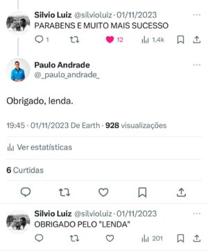 Paulo Andrade Instagram - Sim, acaba de nos deixar uma LENDA da narração esportiva. Que dia triste, “pelas barbas do profeta” e “pelo amor dos meus filhinhos”, seu Silvio. 

Obrigado pelo seu legado, e por ter permitido a interação de um fã desde os tempos de criança.

Vá em paz, Silvio Luiz 🙏😔😢