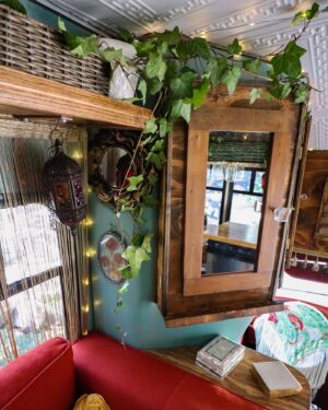 Pearl Liaison Instagram - Spent the last few months building a shuttle bus into an off-grid tiny house and we’re v happy with how she turned out 🥲💔 
Specs: 2007 Ford E450, 24ft, 175k miles, 480 watts solar   Yeti3000 battery/ 70 gallon water tank/ gravity-fed plumbing/ copper soaking tub/ heated shower/ queen bed/ 12v fridge & freezer/ 3-burner propane stovetop   oven/ convertible sofa/ full-size wardrobe, taste, glamour, etc❣️
